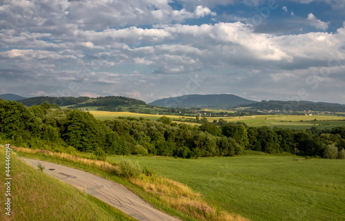 View on Chelm Mountain and surrounding fields in Goleszow from Ogrodzona