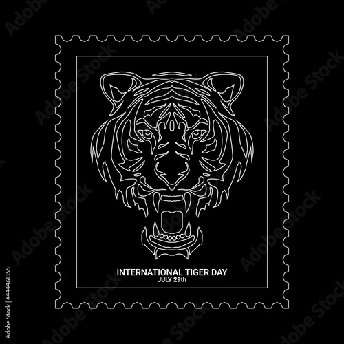 International Tiger Day 
Interesting face illustration of Tiger Roars on a postage stamp in white-on-black Line Art style and isolated on black background. Poster design on EPS8 file format