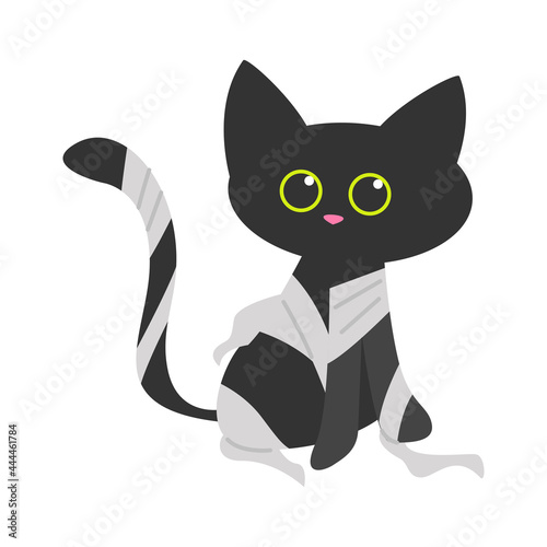 Cute little black cat dressed in a mummy costume. The Mummy Cat. Design for Halloween. Can be used for stiker, banner, card, poster and any design.