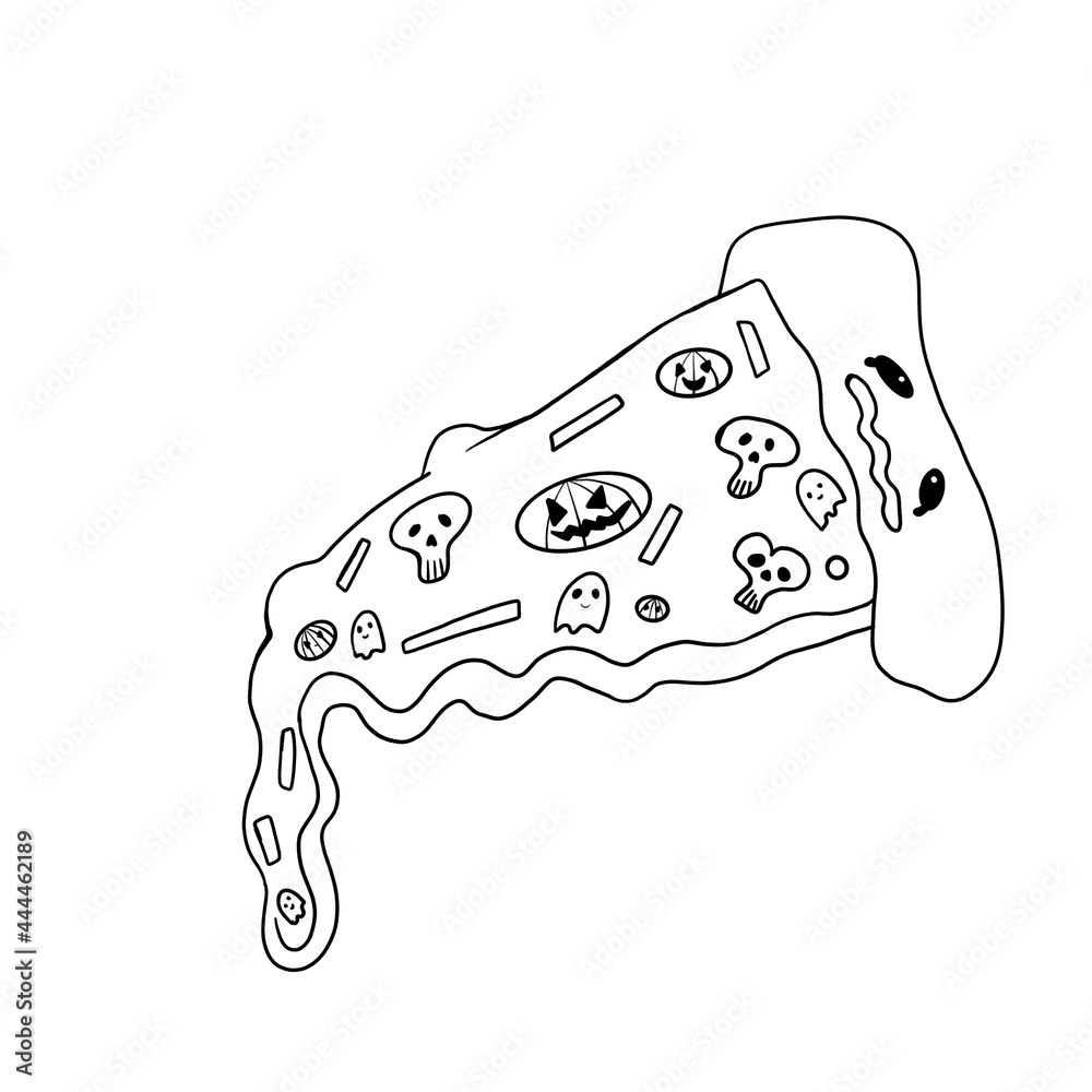 happy halloween black and white coloring doodle delicious piece of monster pizza with pumpkins, skulls, and ghosts isolated on a white background, holiday, scary, food happy halloween black and white coloring doodle delicious piece of monster pizza with pumpkins, skulls, and ghosts isolated on a white background, holiday, scary, food