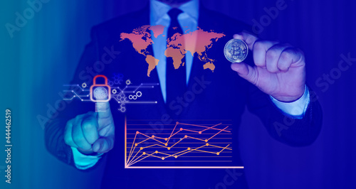 Stockbroker man logging into cryptocurrency exchange with fingerprint biometric technology. bitcoin world security system.