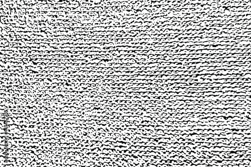 Grunge texture of the surface of a terry towel. Monochrome background of coarse fabric with spots, noise and grain. Overlay template. Vector illustration
