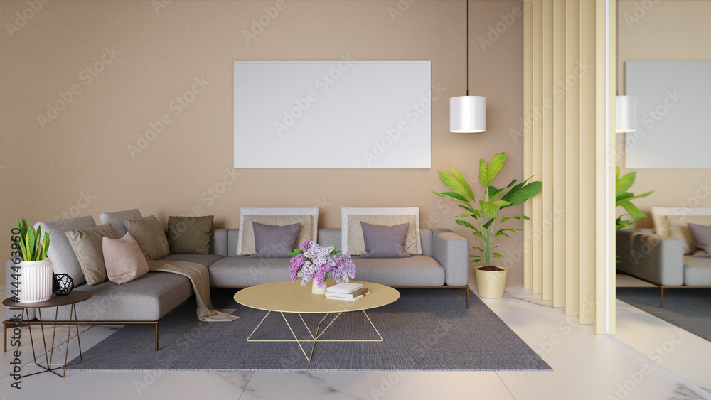 The interior of the living room in brown and cream tones with a sofa set with lamps and a picture frame on the wall of the room.3d rendering.