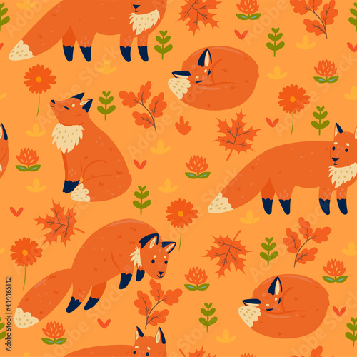 Seamless pattern with autumn foxes. Vector graphics.
