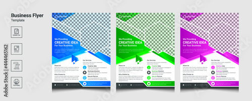 Corporate business flyer template design set with blue, green, and pink colors. marketing, business proposal, promotion, advertise, publication, real estate flyer design template