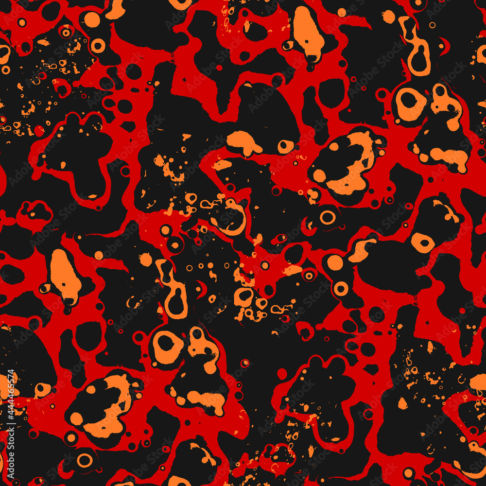 Abstract seamless pattern with red-orange spots on a black background. Spotted background. Abstract seamless pattern with red-orange spots on a black background. Spotted background.