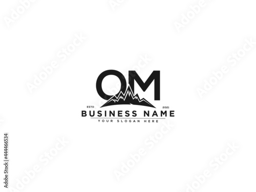 Letter OM Logo, line art om mountain logo icon vector for river forest hill landscape typography image design