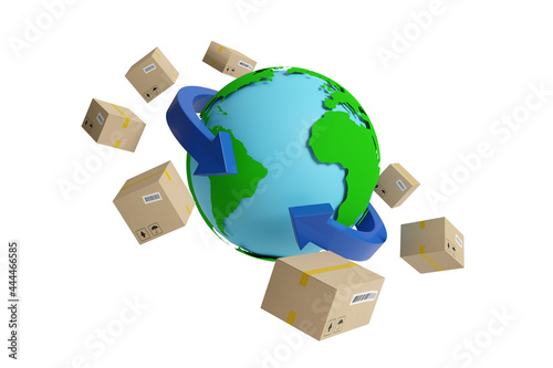Earth globe surrounded by arrows and packages. Shipping concept. 3d illustration.