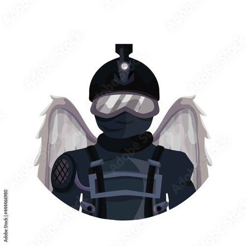 A policeman with angel wings. Guardian angel. Saving someone's life. Dangerous work. Vector illustration for icons, websites and prints. A uniformed policeman. Omon. Bronizhelet. photo