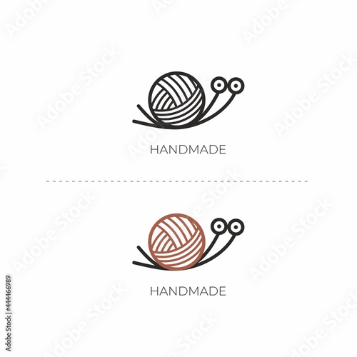Vector illustration with a snail. Handmade logo. Snail yarn and knitting needles.