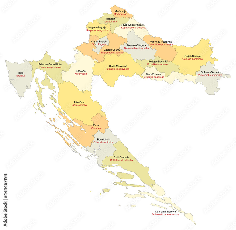 Fototapeta premium Carte de Croatie avec repérsentation des divisions par comitats et Zagreb - Libellés des divisions administratives en anglais et en croate - Textes vectorisés et non vectorisés sur calques séparés