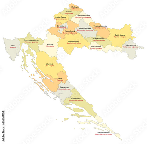 Carte de Croatie avec repérsentation des divisions par comitats et Zagreb - Libellés des divisions administratives en anglais et en croate - Textes vectorisés et non vectorisés sur calques séparés