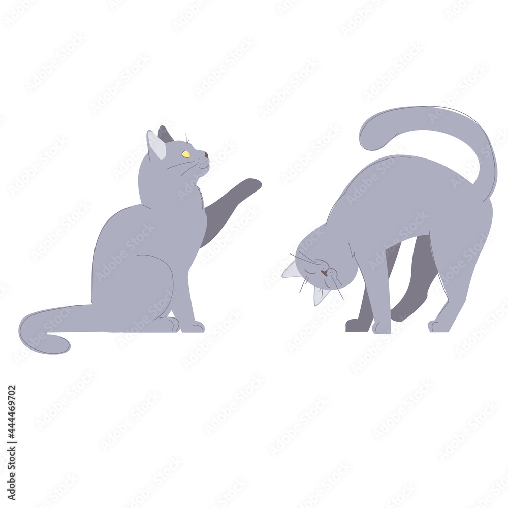 purring petting cat and sitting cat giving paw. smiling happy pet. set of domestic animals. stock vector illustration isolated on white background.
