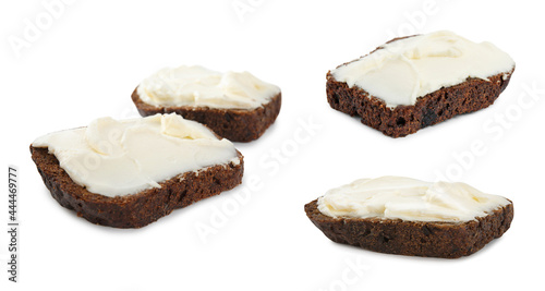 Set of bread with cream cheese on white background. Banner design