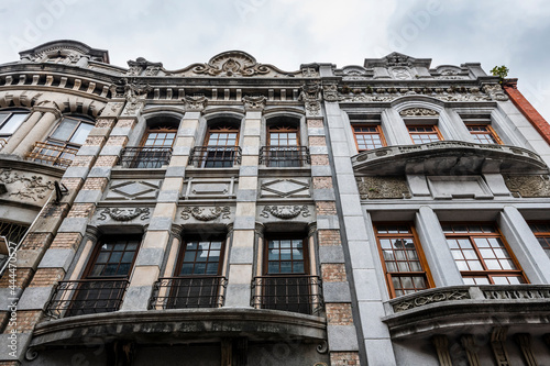 Low angle view of old buildings in Dihua Street of Wanhua, Taipei City, Taiwan. photo