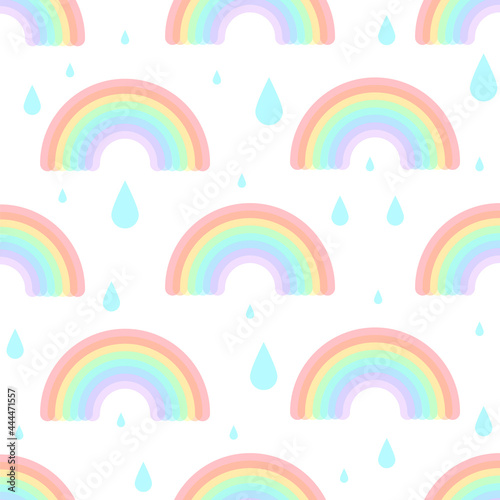Seamless pattern with color glass rainbow and rain drops. Kids print for fabric, textile, background. Vector illustration.