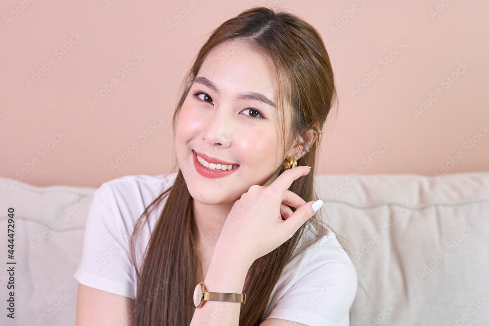 Close up of beautiful lady smile in her room Close up of beautiful lady smile in her room