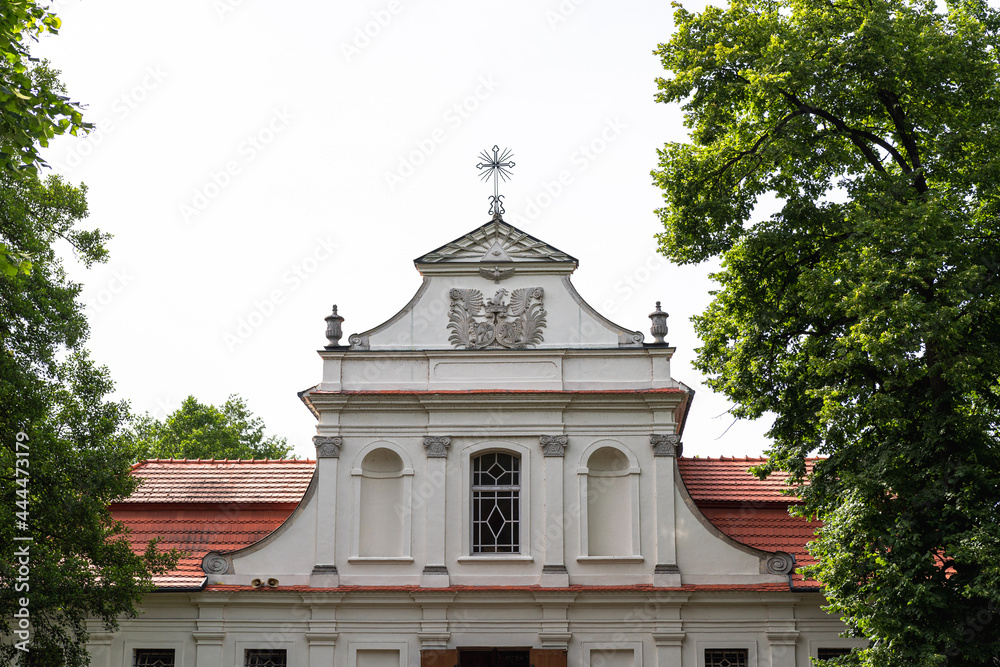 Facade of baroque Church of St. John of Nepomuk on the water in Zwierzyniec, Lubelskie, Poland