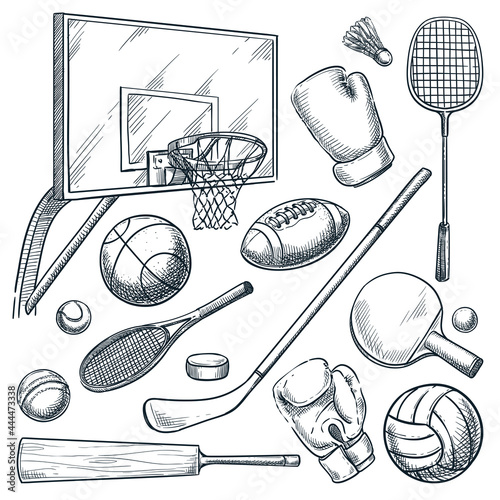 Sports equipment. Vector hand drawn sketch illustration of basketball, tennis, badminton, boxing, hockey and volleyball