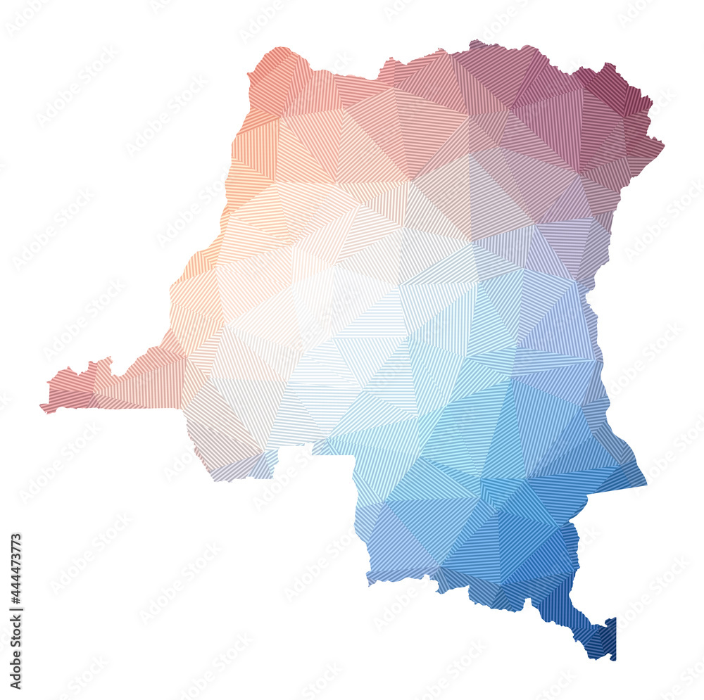 Map of DR Congo. Low poly illustration of the country. Geometric design with stripes. Technology, internet, network concept. Vector illustration.