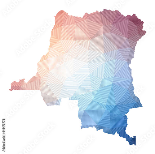 Map of DR Congo. Low poly illustration of the country. Geometric design with stripes. Technology, internet, network concept. Vector illustration.