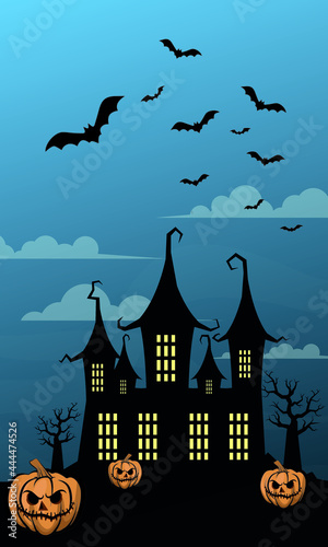 Halloween background with castle, pumpkin and bats.
