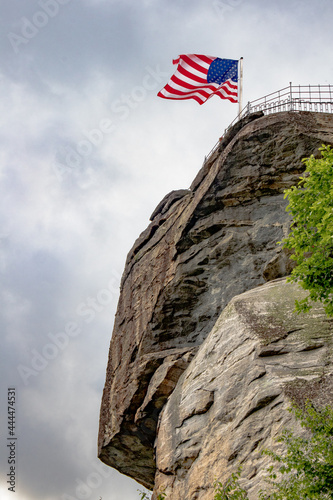 Chimney Rock State Park American Flag blowing in the wind