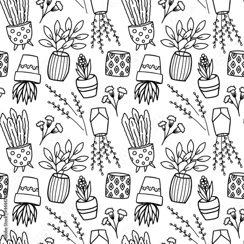 Seamless pattern with wild flowers and flowerpots on a white background