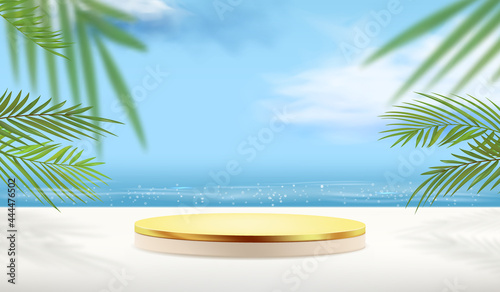 Fototapeta Naklejka Na Ścianę i Meble -  Gold pedestal on a summer background with tropical plants and the ocean in a minimal style for product demonstration.