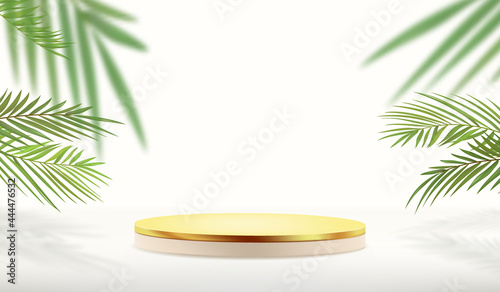 Abstract minimalistic background in light colors. Cylindrical pedestal with gold color for product display against tropical leaves background.