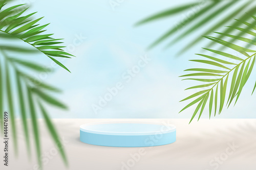Abstract background with geometric shapes in pastel blue. Minimalistic stage with cylindrical podium for product mockup.