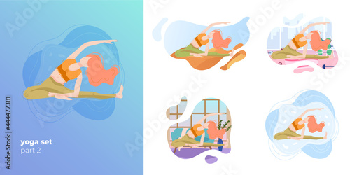 Set illustration woman, girl in sportswear or fitness suit doing yoga at home, gym, outdoors, desert, abstract background