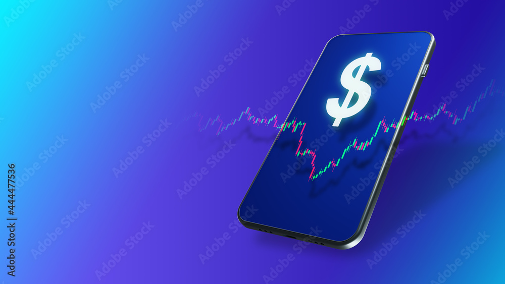 Smartphone with dollar logo. Dollar logo on phone screen.Phone on purple background. Stock exchange apps metaphor. Trading on stock exchange. Buying and selling currency through smartphone. 3d image Smartphone with dollar logo. Dollar logo on phone screen.Phone on purple background. Stock exchange apps metaphor. Trading on stock exchange. Buying and selling currency through smartphone. 3d image