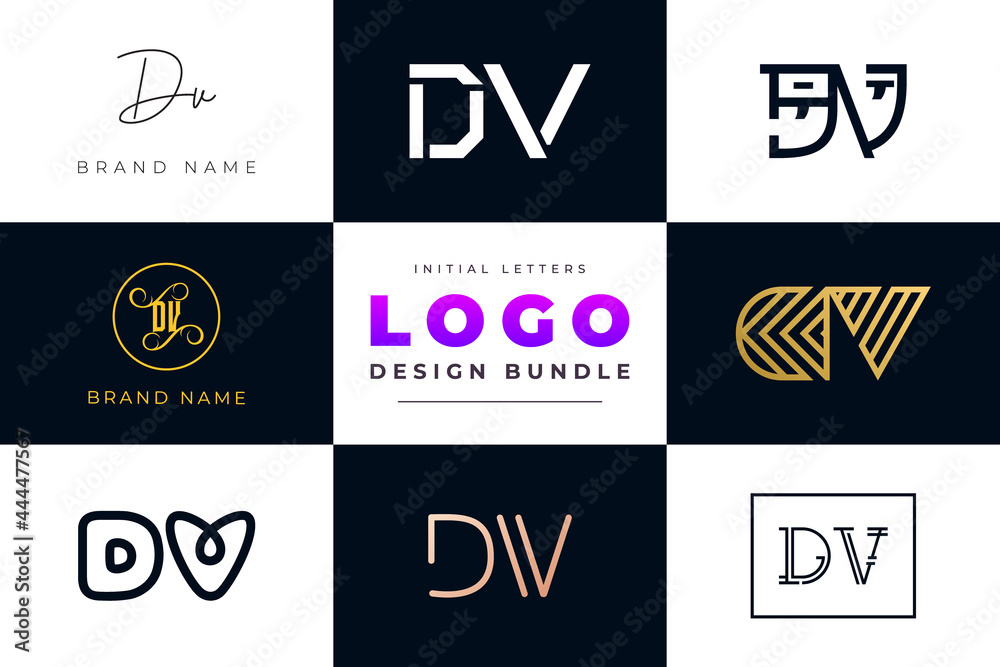 Set of collection Initial Letters DV Logo Design.