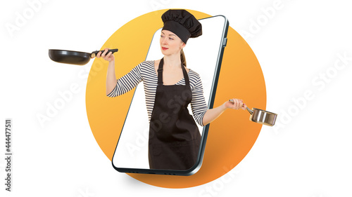 Woman cook with pans. Girl ...