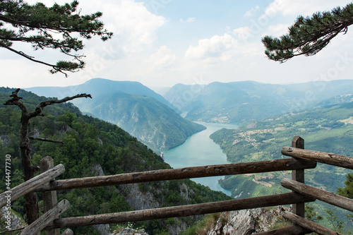Beautiful view from the top of the mountain on the river canyon and nature. Nature panorama and landscape. Banjska stena. Tara mountain, Europe.  photo