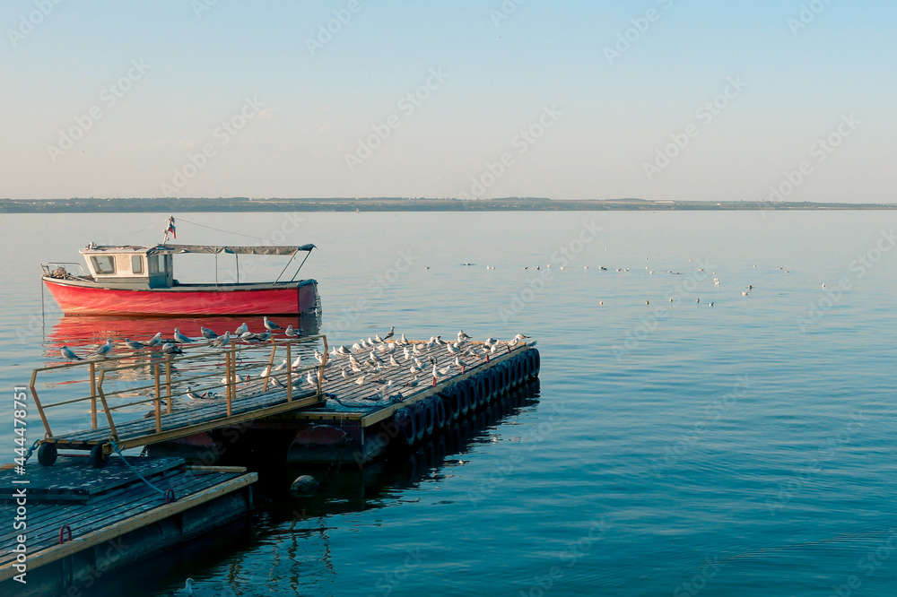 Pier with a bunch of seagulls on the background of a red fishing boat. Pier with a bunch of seagulls on the background of a red fishing boat.
