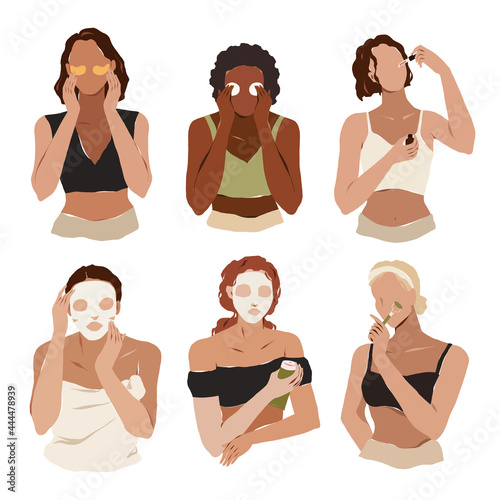 Various ethnicity women skincare routine, applying face serum, sheet mask, eye patch, doing facial massage with jade roller, skin care rituals, abstract women portrait, set of vector illustrations