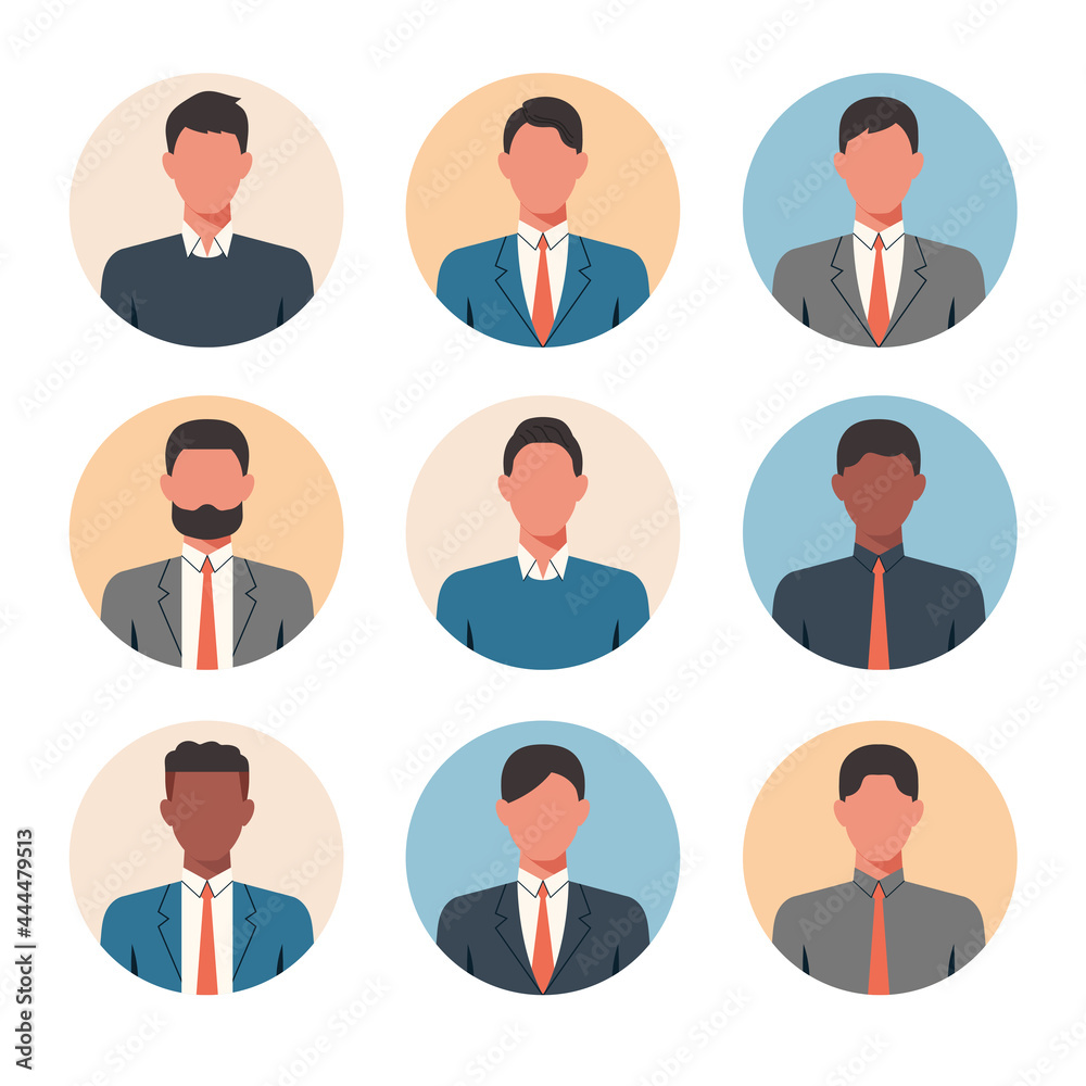 © ST.art - People portraits of businessmen, male faces avatars isolated at round icons set, vector flat illustration