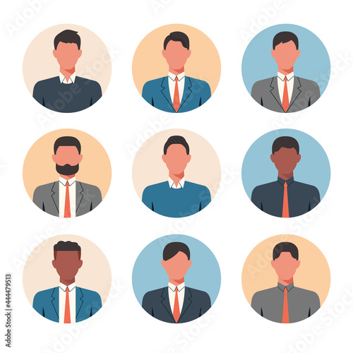 People portraits of businessmen, male faces avatars isolated at round icons set, vector flat illustration