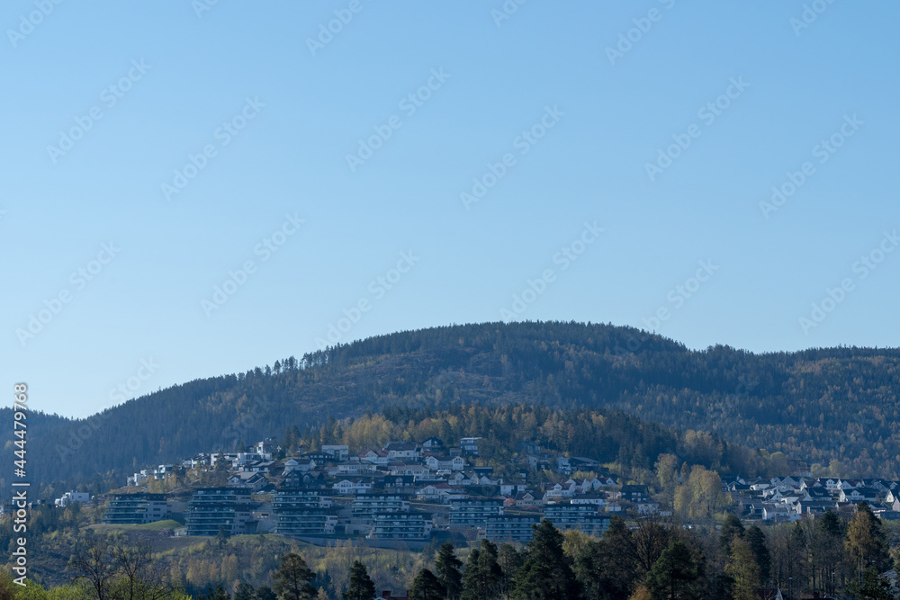 View to the small mountain with buildings. View to the small mountain with buildings.
