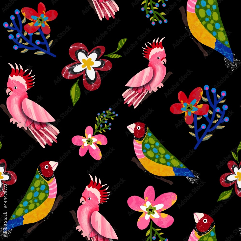 Obraz premium Abstract Hand Drawing Parrots Birds and Flowers Seamless Pattern Isolated Background
