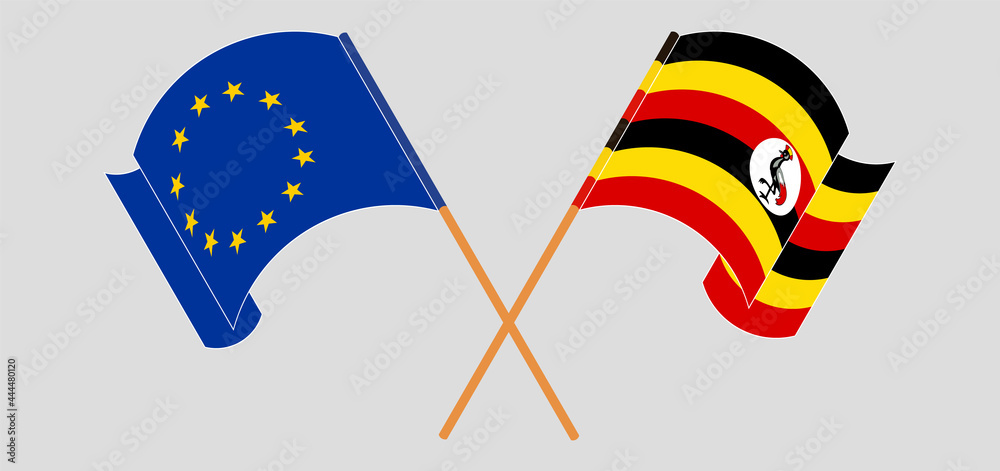 Crossed and waving flags of the European Union and Uganda Crossed and waving flags of the European Union and Uganda