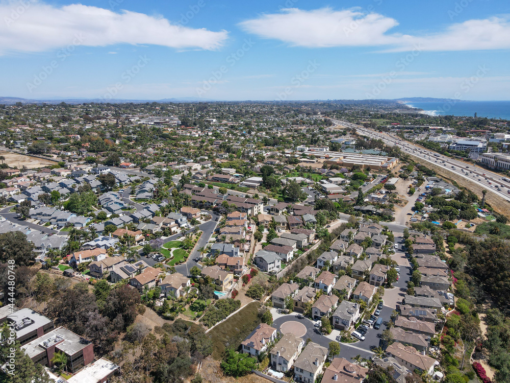 Aerial view of suburb area with residential villa in San Diego, Encinitas, South California, USA. 