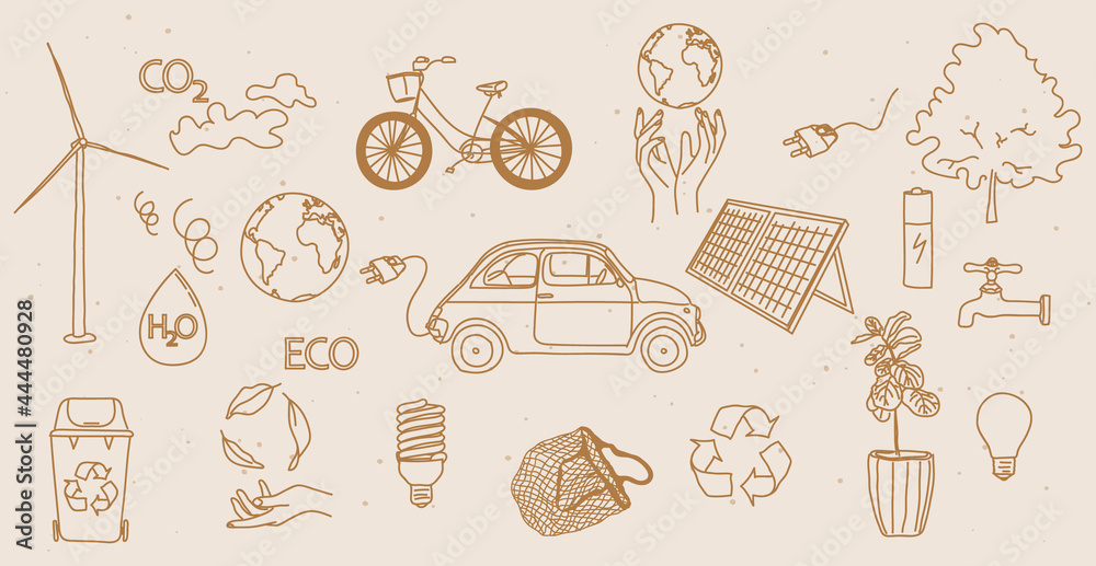 Vector set of hand drawn retro vintage / Boho green energy icons. - Eco ...