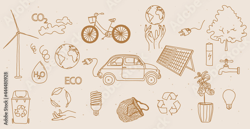Vector set of hand drawn retro vintage / Boho green energy icons. - Eco and green environment line icons, ecology and recycling outline symbols. - All elements are isolated.