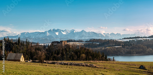 Beautiful landscape with Czorsztyn castle and view of the Tatra Mountains