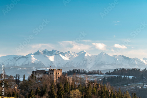 Beautiful landscape with Czorsztyn castle and view of the Tatra Mountains