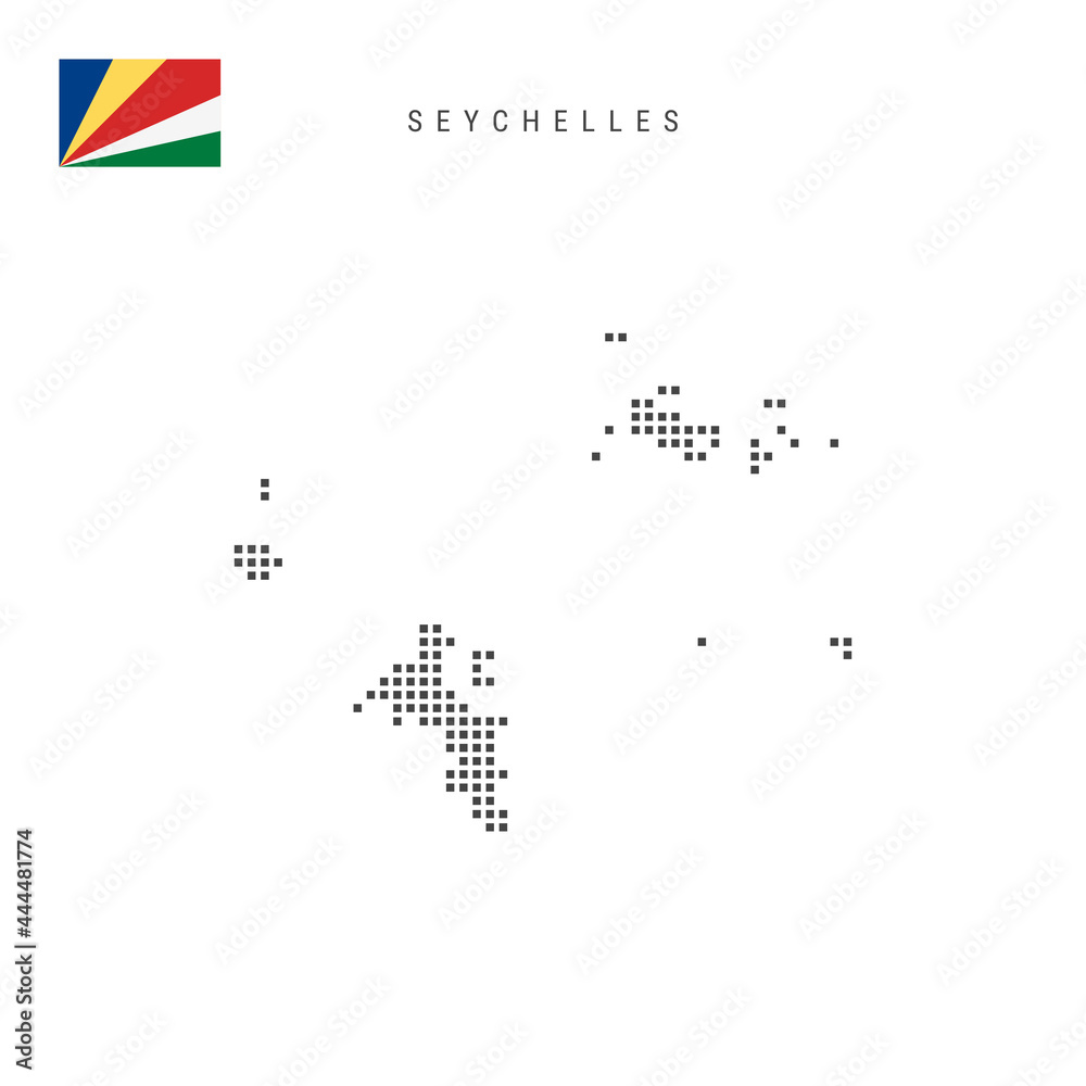 Square dots pattern map of Seychelles. Republic of Seychelles dotted pixel map with flag. Vector illustration