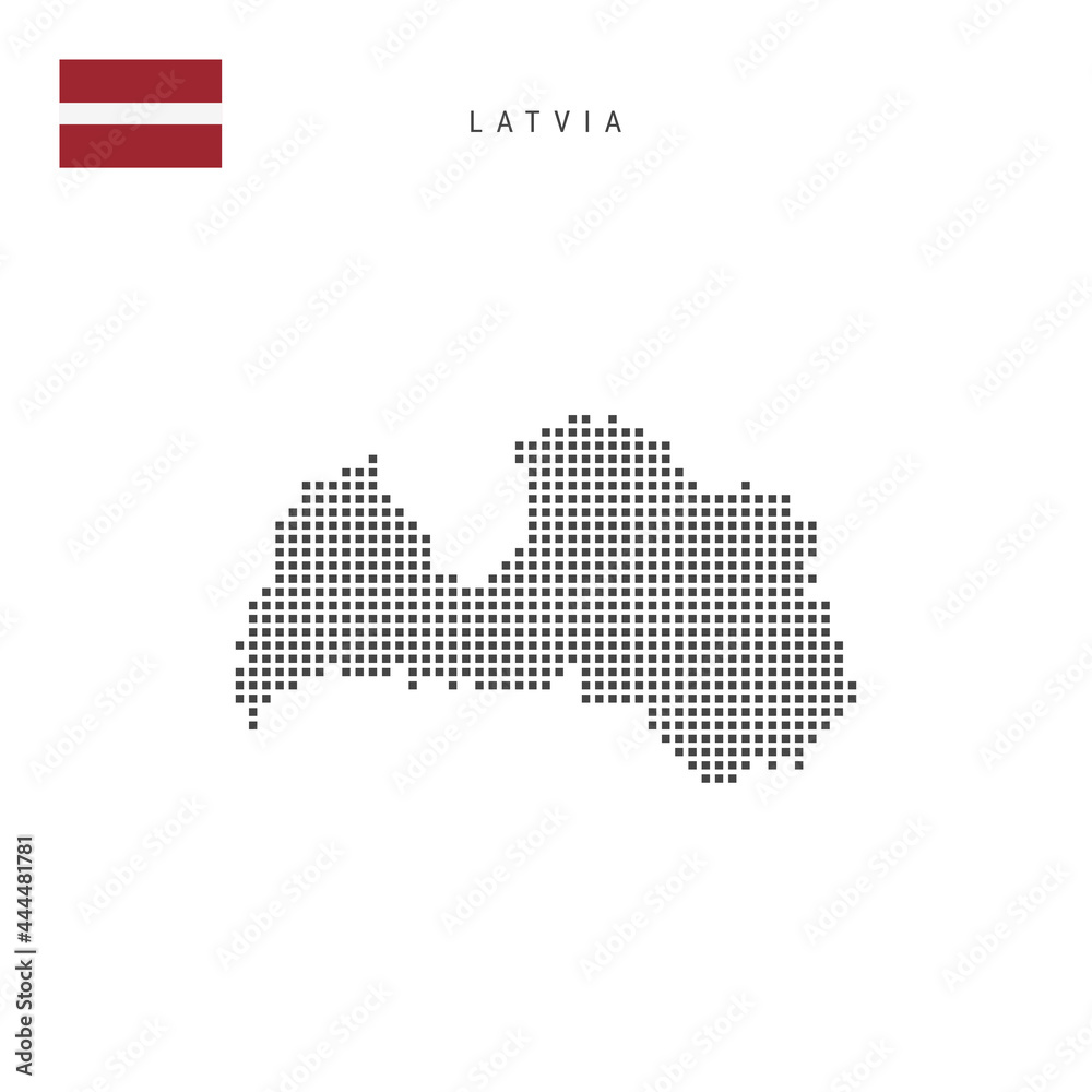 Obraz premium Square dots pattern map of Latvia. Latvian dotted pixel map with flag. Vector illustration